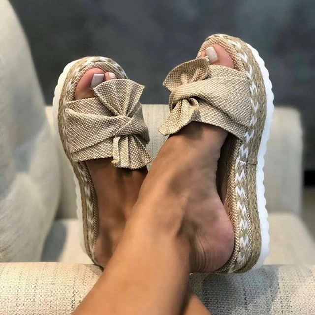 Women's Woven Wedge Slide Sandals with Peep Toe and Bow Accent