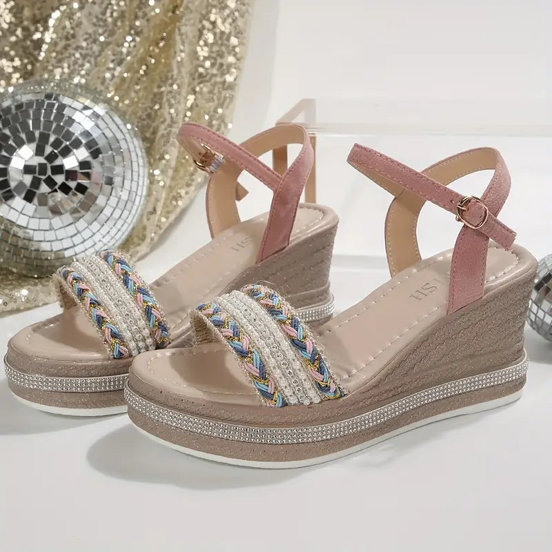 Women's Wedge Sandals with Braided Strap and Ankle Buckle