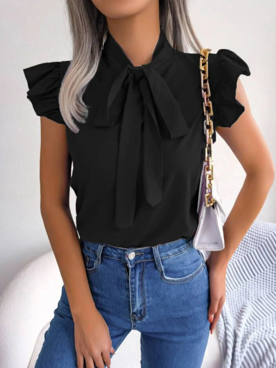 Women's Ruffle Sleeve Blouse with Front Tie and Elegant Neckline