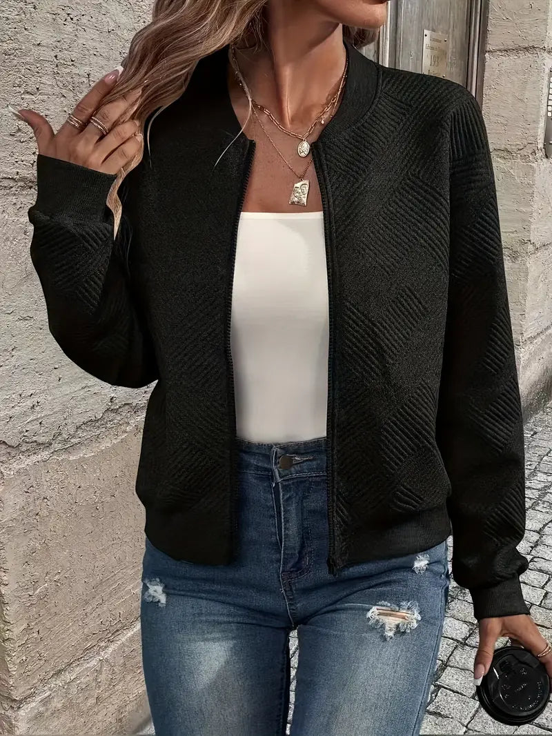 Women’s Zip-Up Textured Cardigan with Ribbed Hem and Long Sleeves