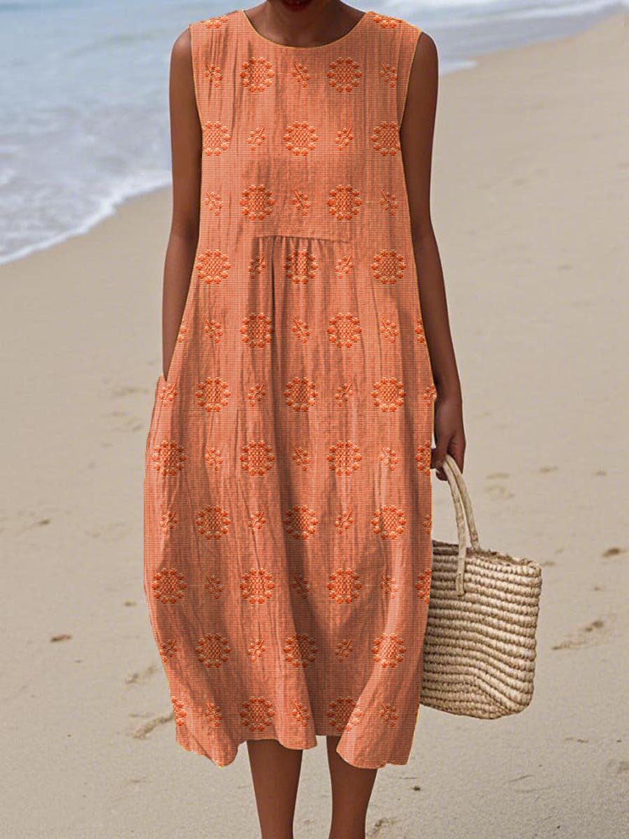 Women's Sleeveless Embroidered Midi Dress with Relaxed Fit