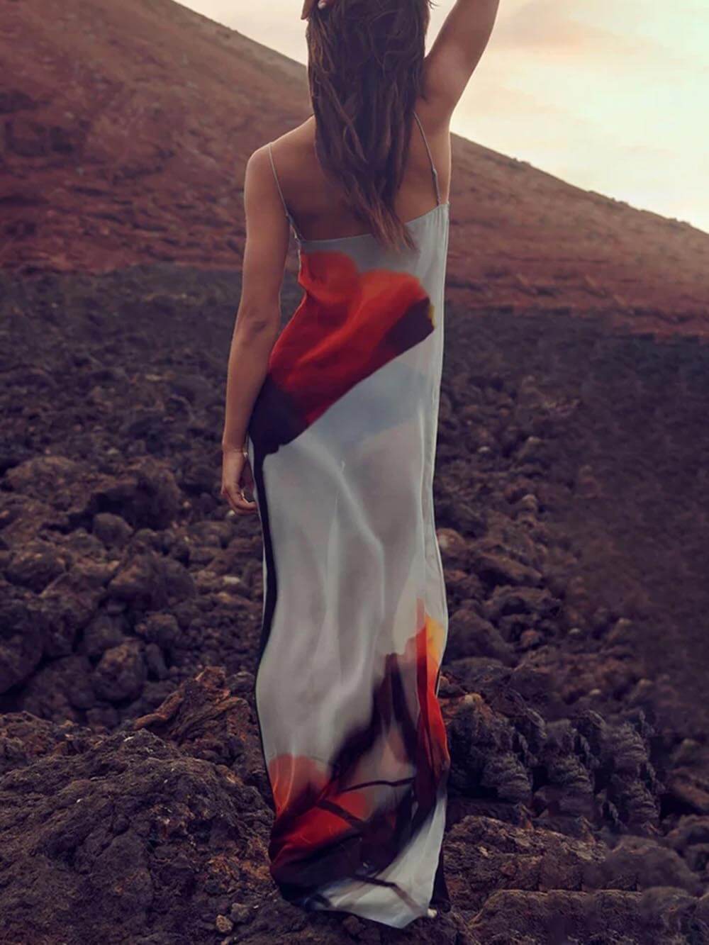 Women's Abstract Tulip Print Vacation Slip H-Line Maxi Dress