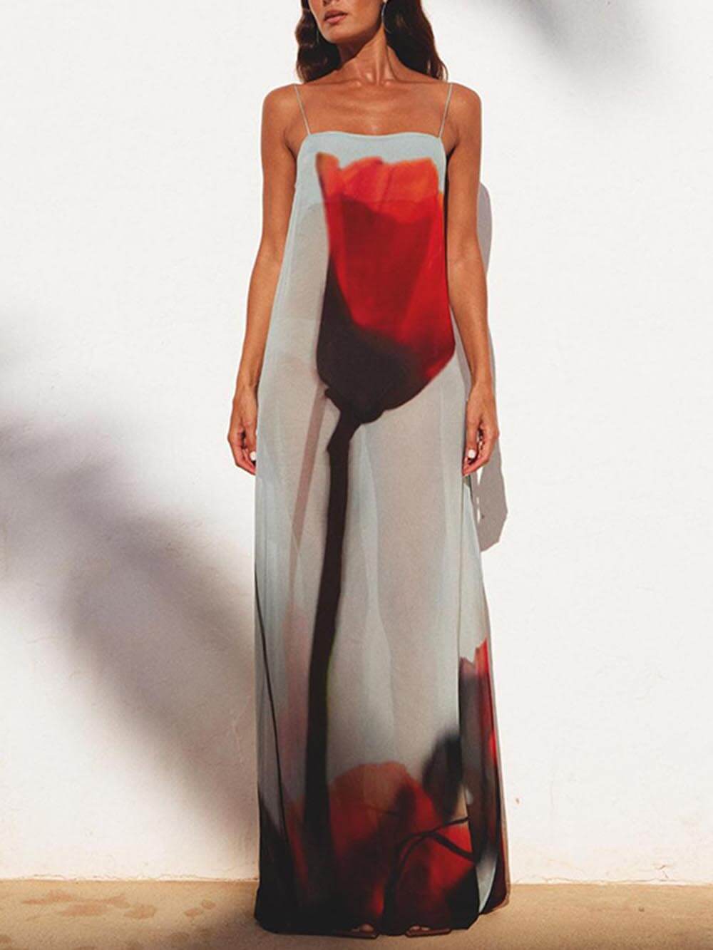 Women's Abstract Tulip Print Vacation Slip H-Line Maxi Dress