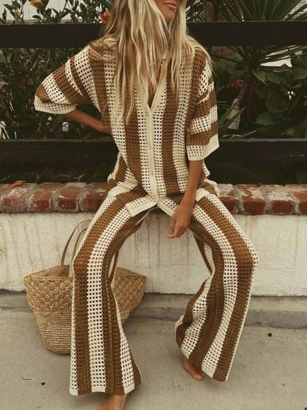 Women's Open Knit Striped Set with V-Neck Shirt and Wide-Leg Pants