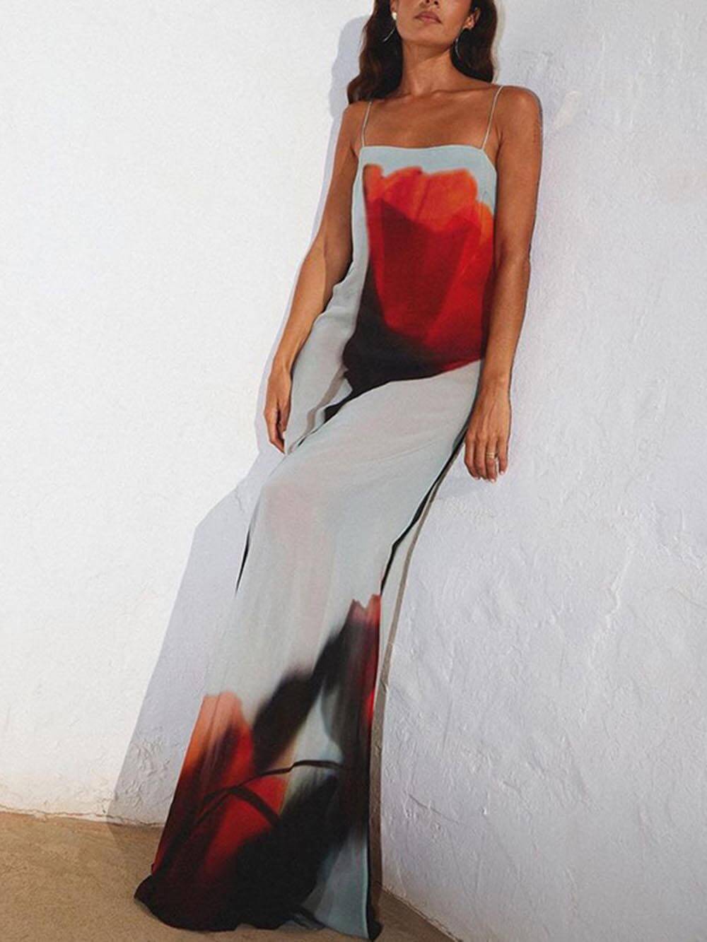 Women's Abstract Tulip Print Vacation Slip H-Line Maxi Dress