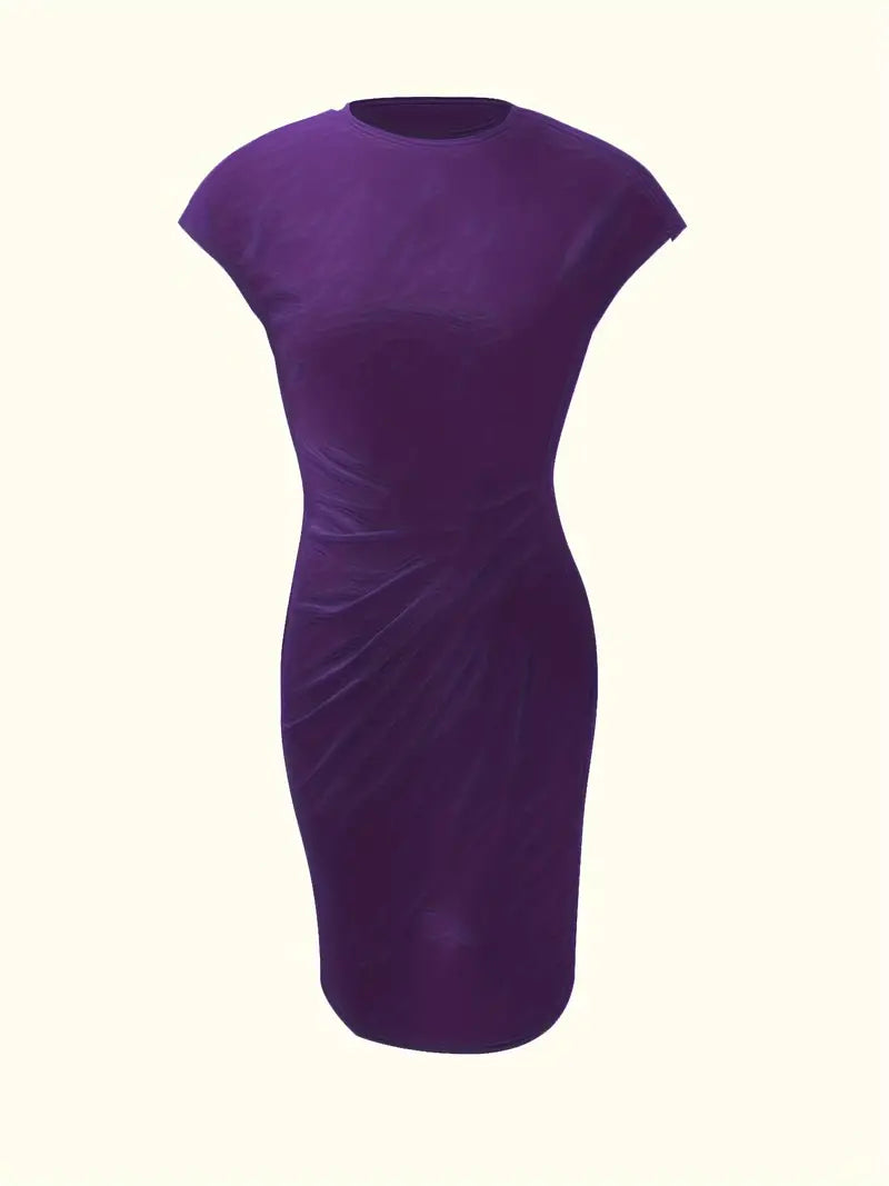 Women's Knee-Length Sheath Dress with Ruched Waist and Cap Sleeves