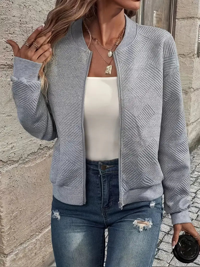 Women’s Zip-Up Textured Cardigan with Ribbed Hem and Long Sleeves