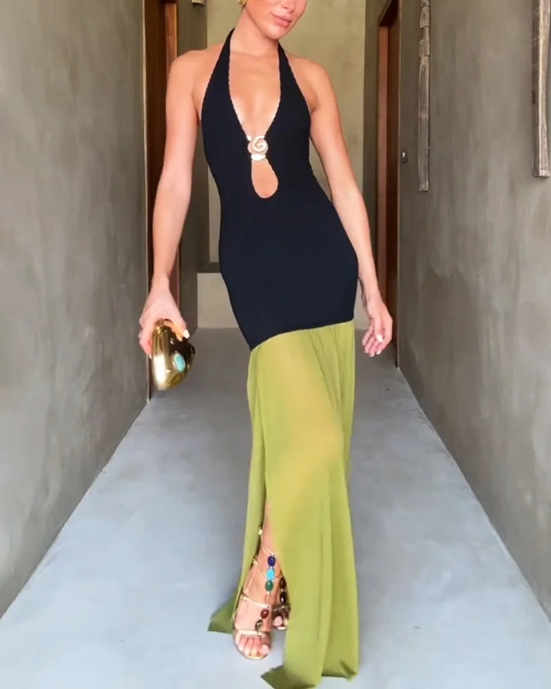 Women's Halter Neck Maxi Dress with Sheer Contrast Skirt Panel