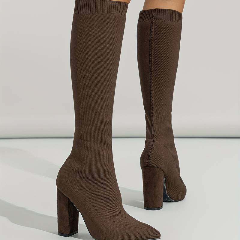 Women's Knee High Sock Boots with Pointed Toe and Block Heel