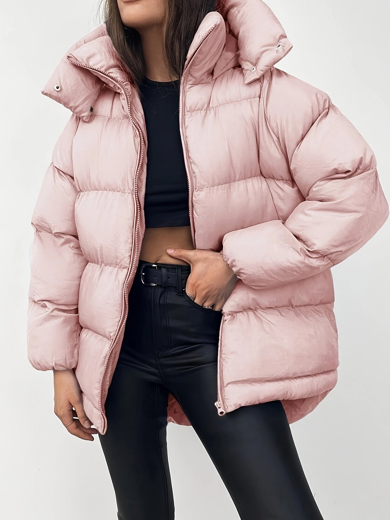 Women's Short Hooded Puffer Jacket with High Collar and Quilted Design
