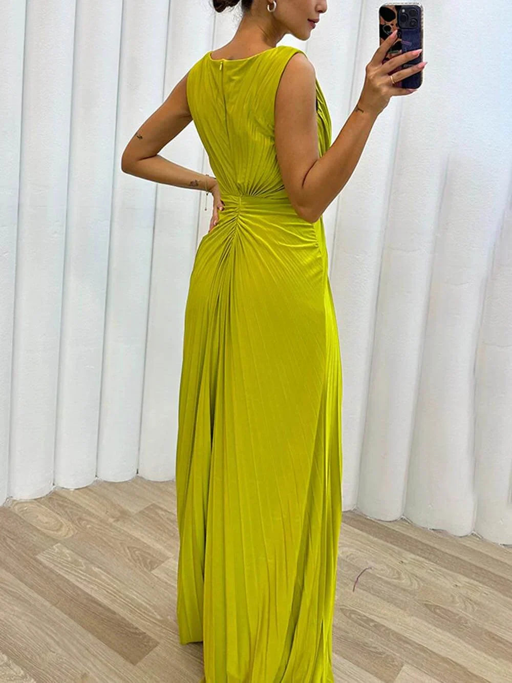 Women's Pleated Maxi Dress with High Slit and Pin Detail