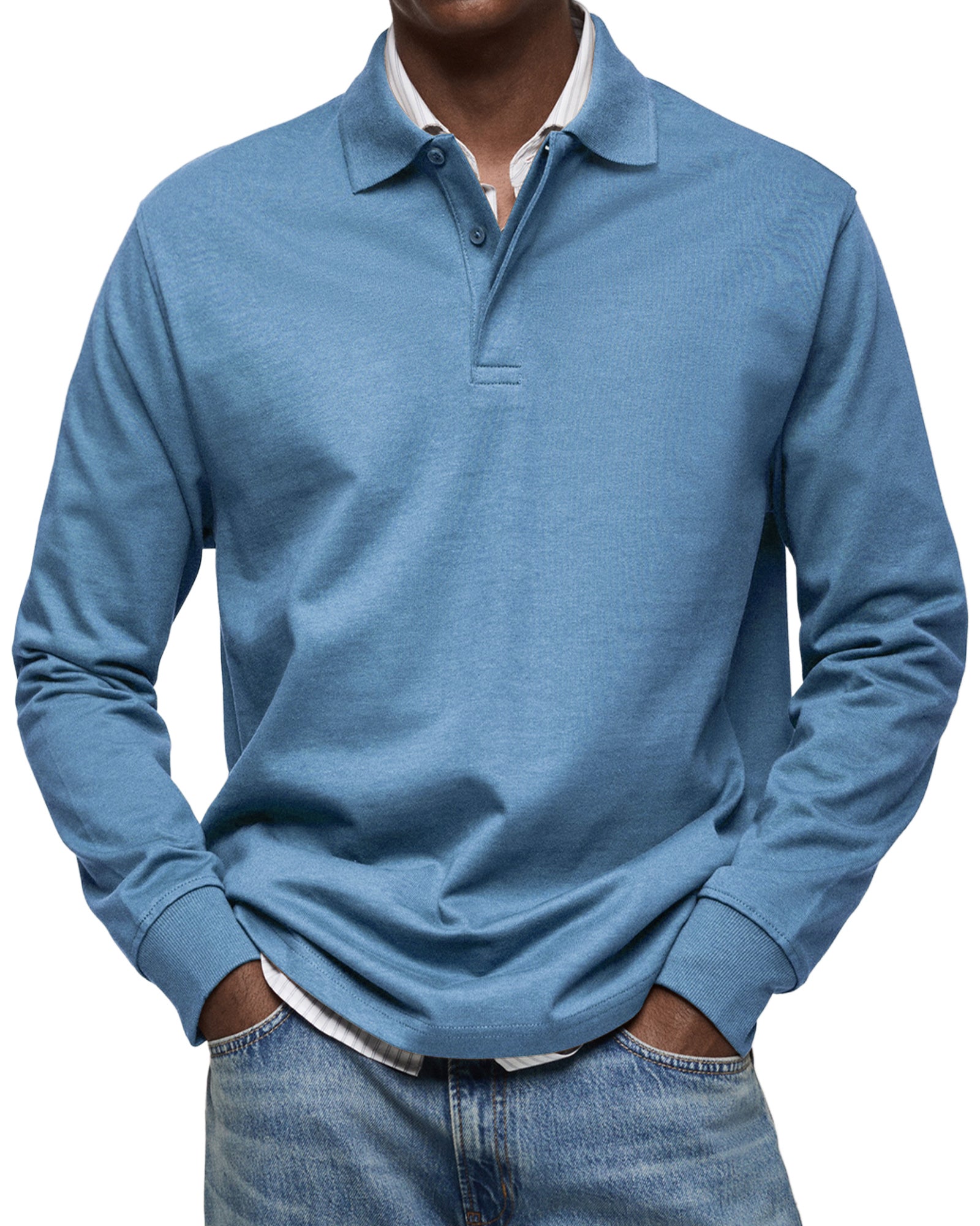 Men's Long Sleeve Polo Shirt with Button Collar and Cuffed Hem