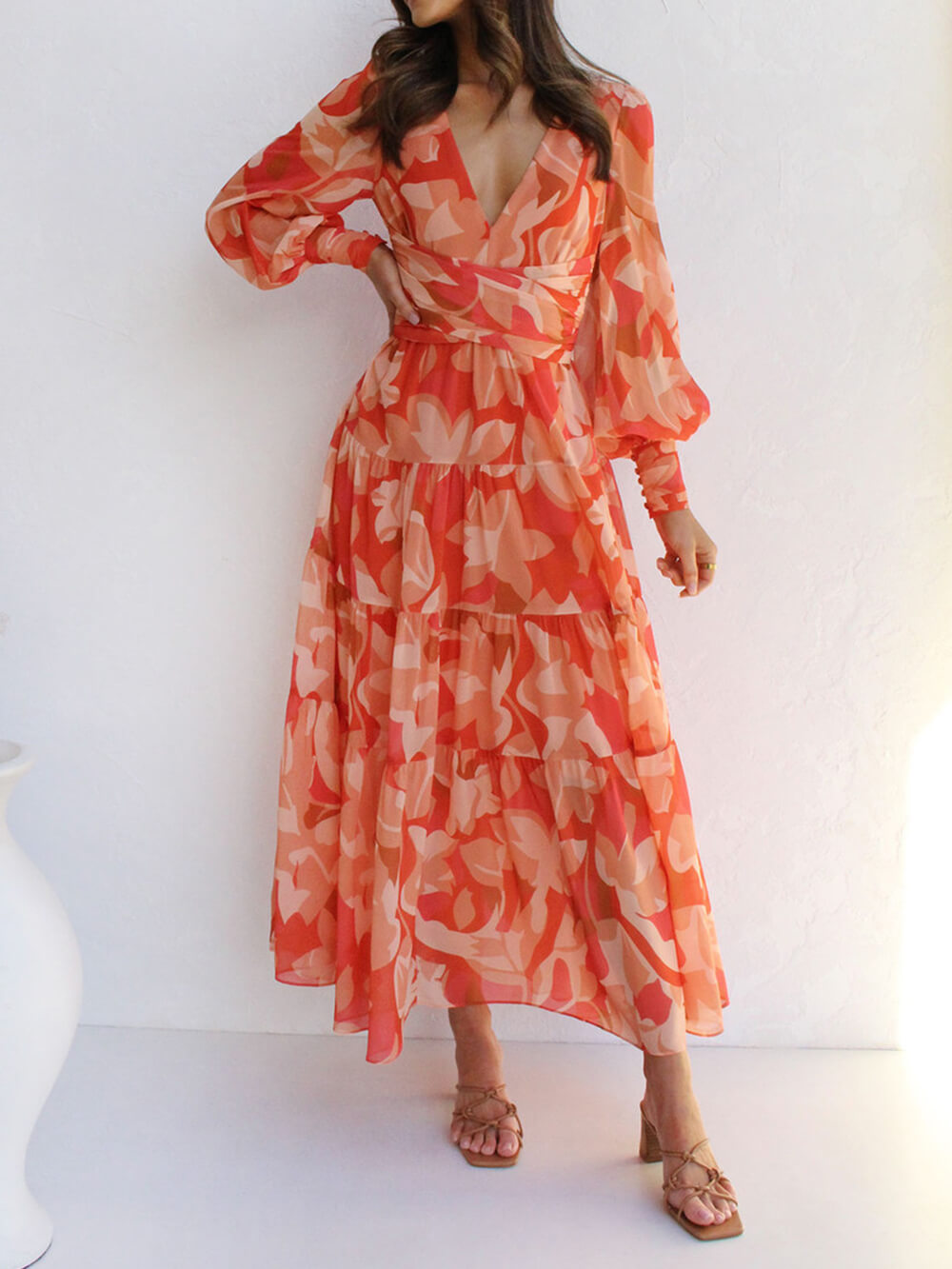 Women's Tiered Long Sleeve Maxi Dress with V-Neck and Print