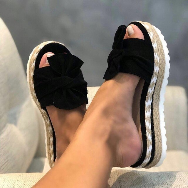 Women's Woven Wedge Slide Sandals with Peep Toe and Bow Accent