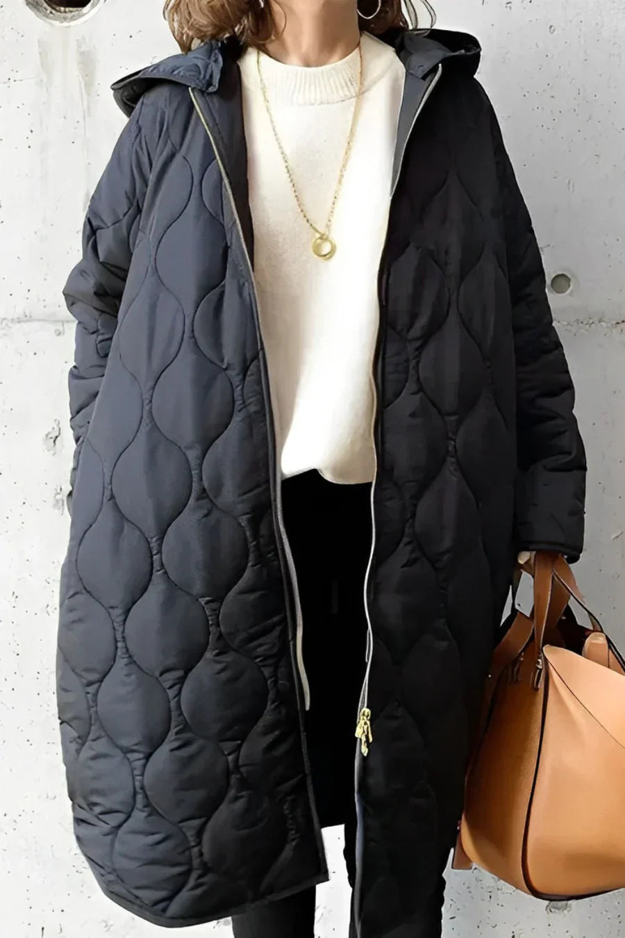 Women's Quilted Hooded Coat with Full Zip and Long Silhouette