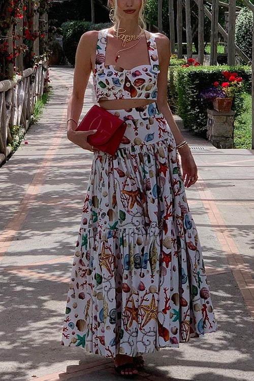 Women's Two-Piece Summer Outfit Set with Printed Crop Top and Skirt