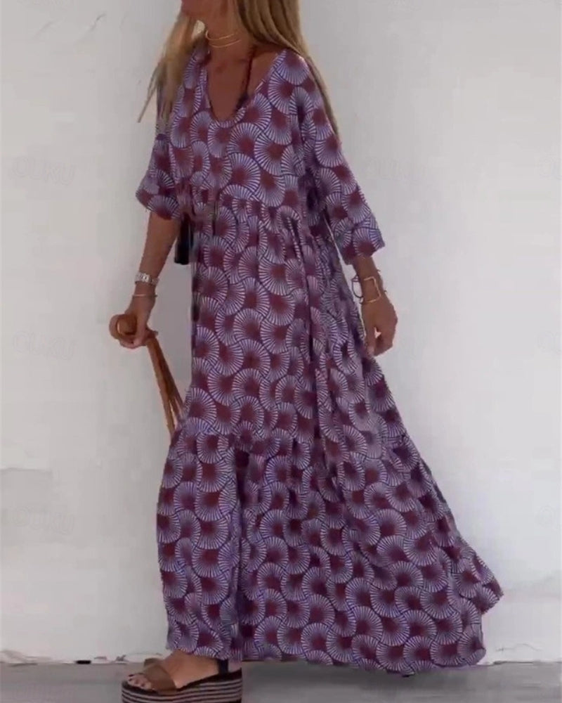 Women's Bohemian Maxi Dress with V-Neck and Relaxed Fit