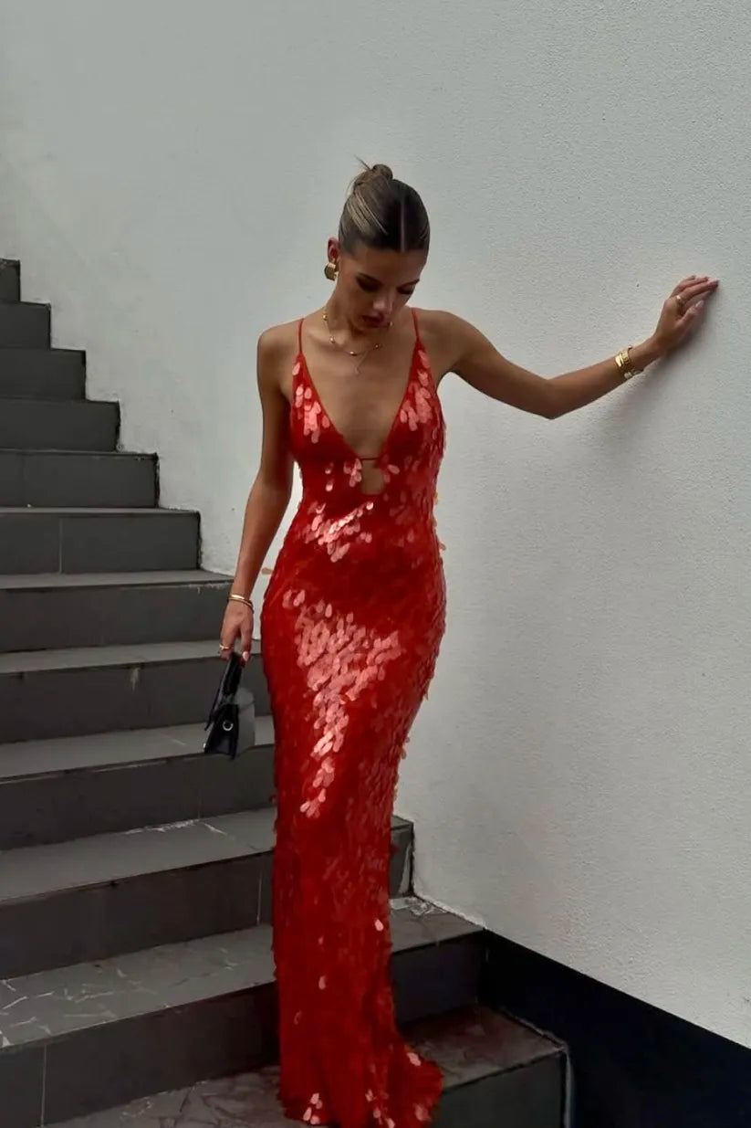 Women's Sequin Maxi Dress with Deep V-Neck and Slim Fit Cut