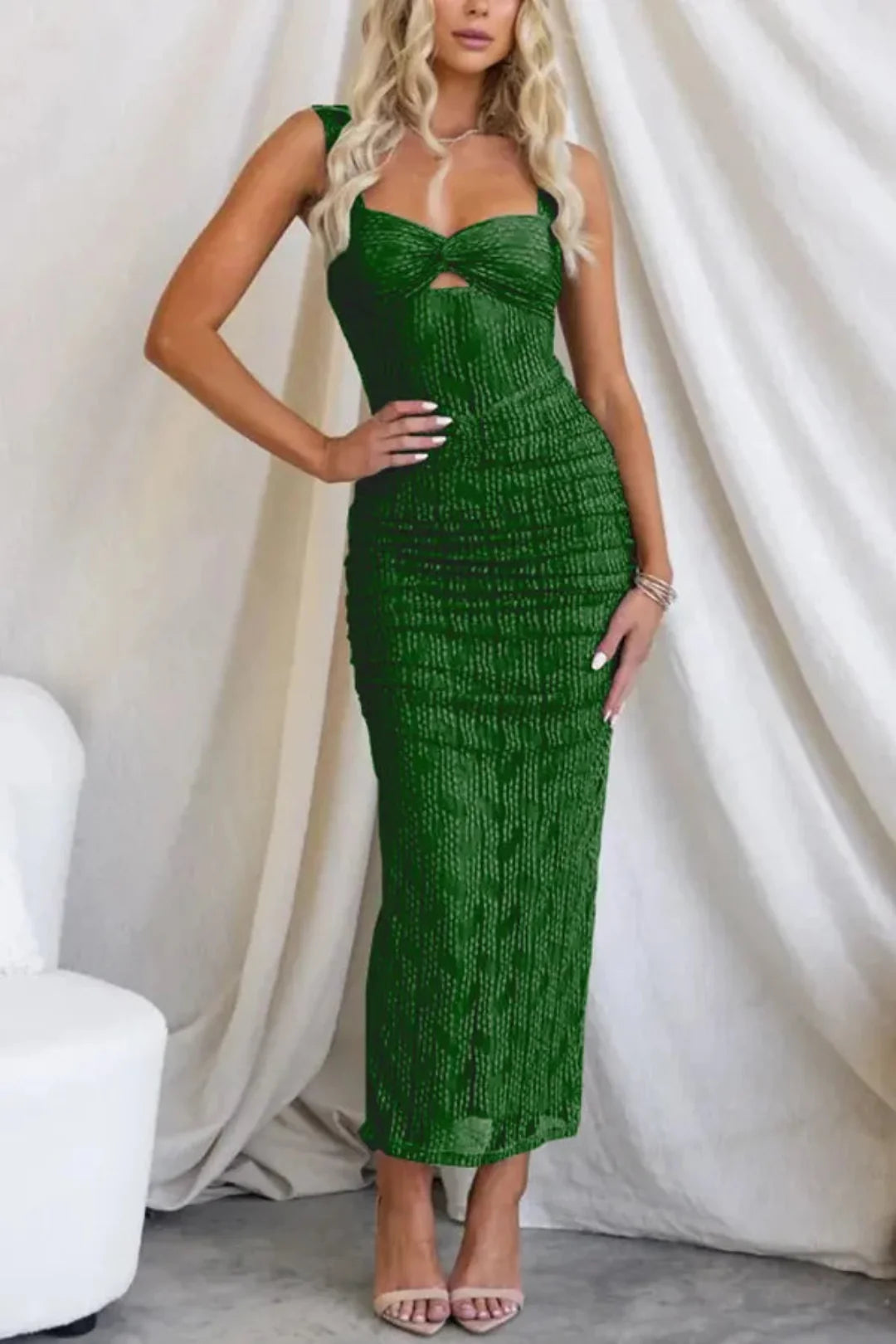 Women's Mesh Panel Bodycon Maxi Dress with Ruched Detailing