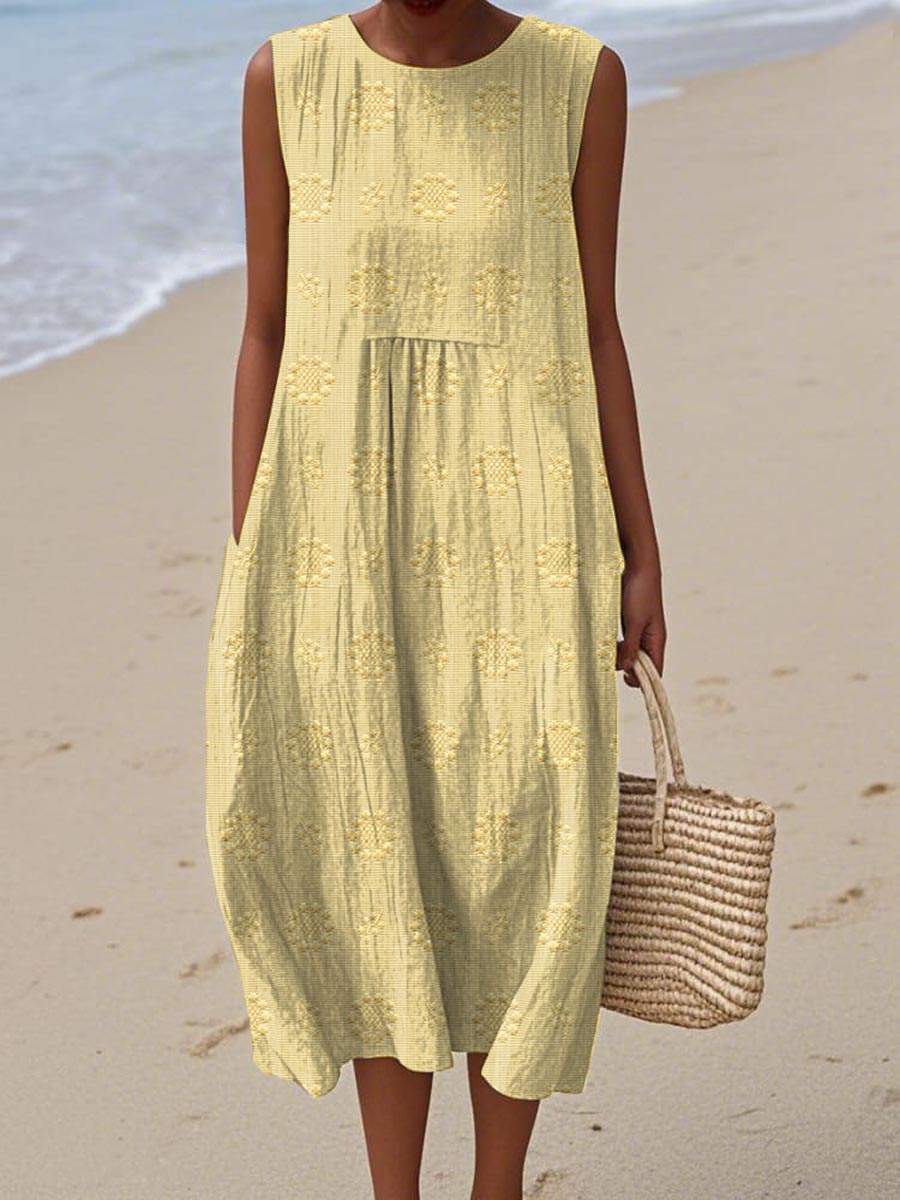 Women's Sleeveless Embroidered Midi Dress with Relaxed Fit