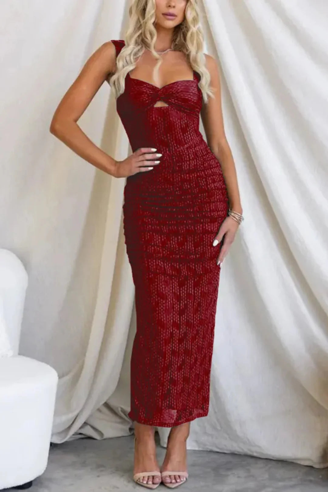 Women's Mesh Panel Bodycon Maxi Dress with Ruched Detailing