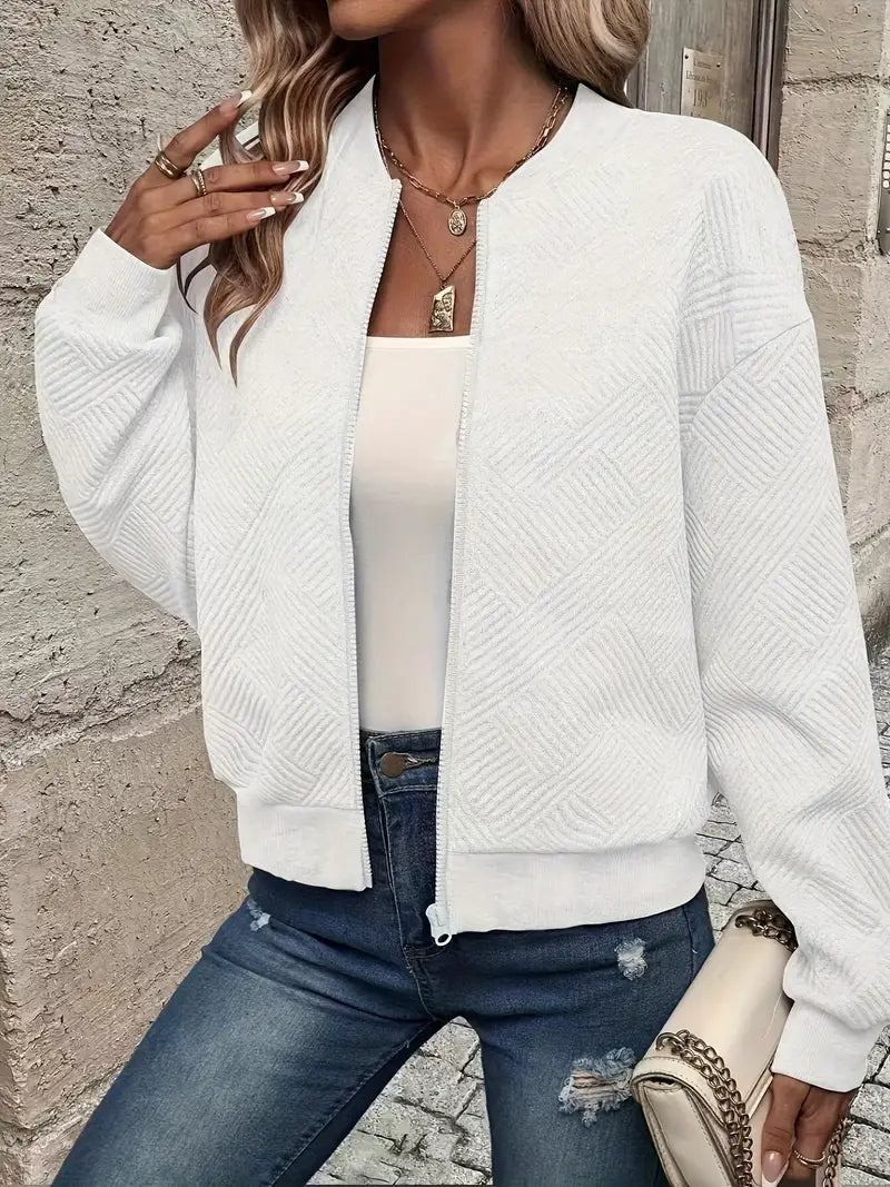 Women’s Zip-Up Textured Cardigan with Ribbed Hem and Long Sleeves