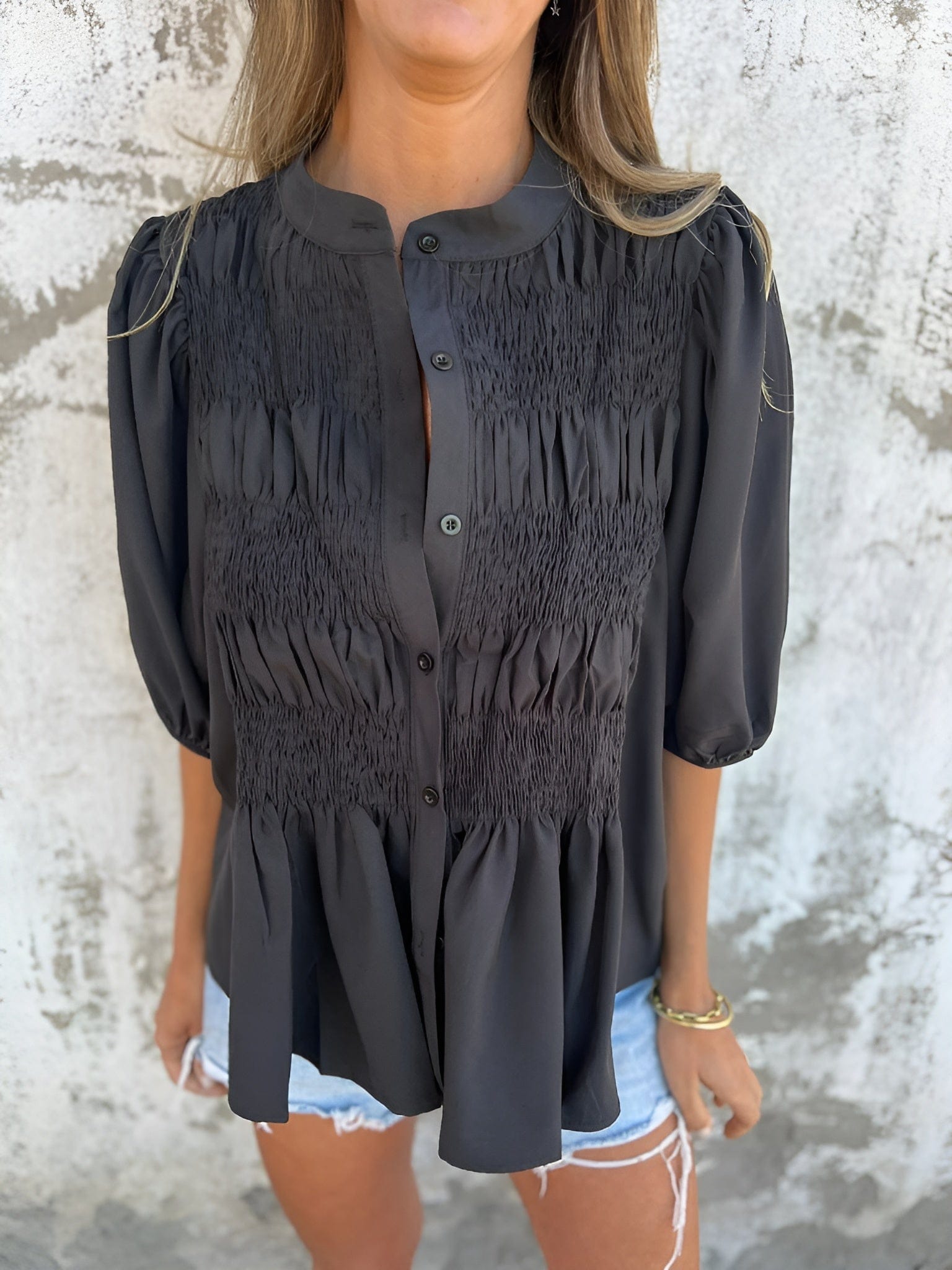 Women's Button-Up Blouse with Smocked Bodice and Puff Sleeves