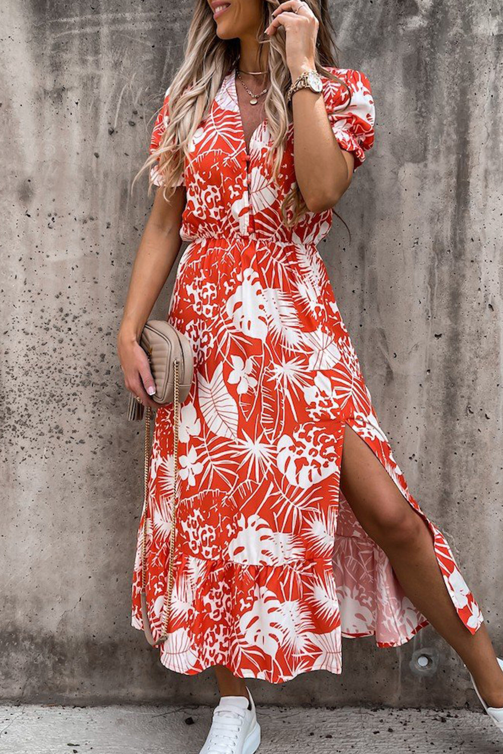 Women's Floral Maxi Dress with V-Neck and Side Slit Detail