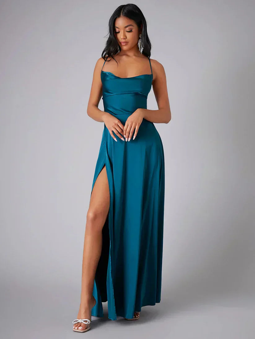 Women's Spaghetti Strap Evening Maxi Dress with High Slit