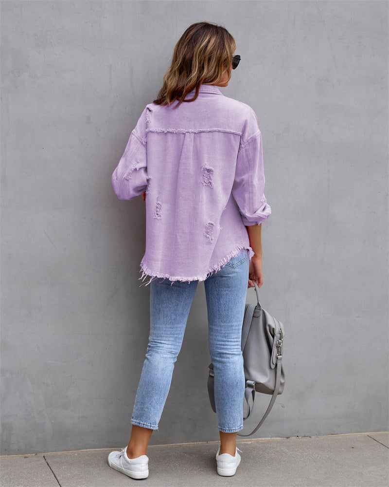 Women's Distressed Button-Up Denim Jacket with Raw Hem Edges