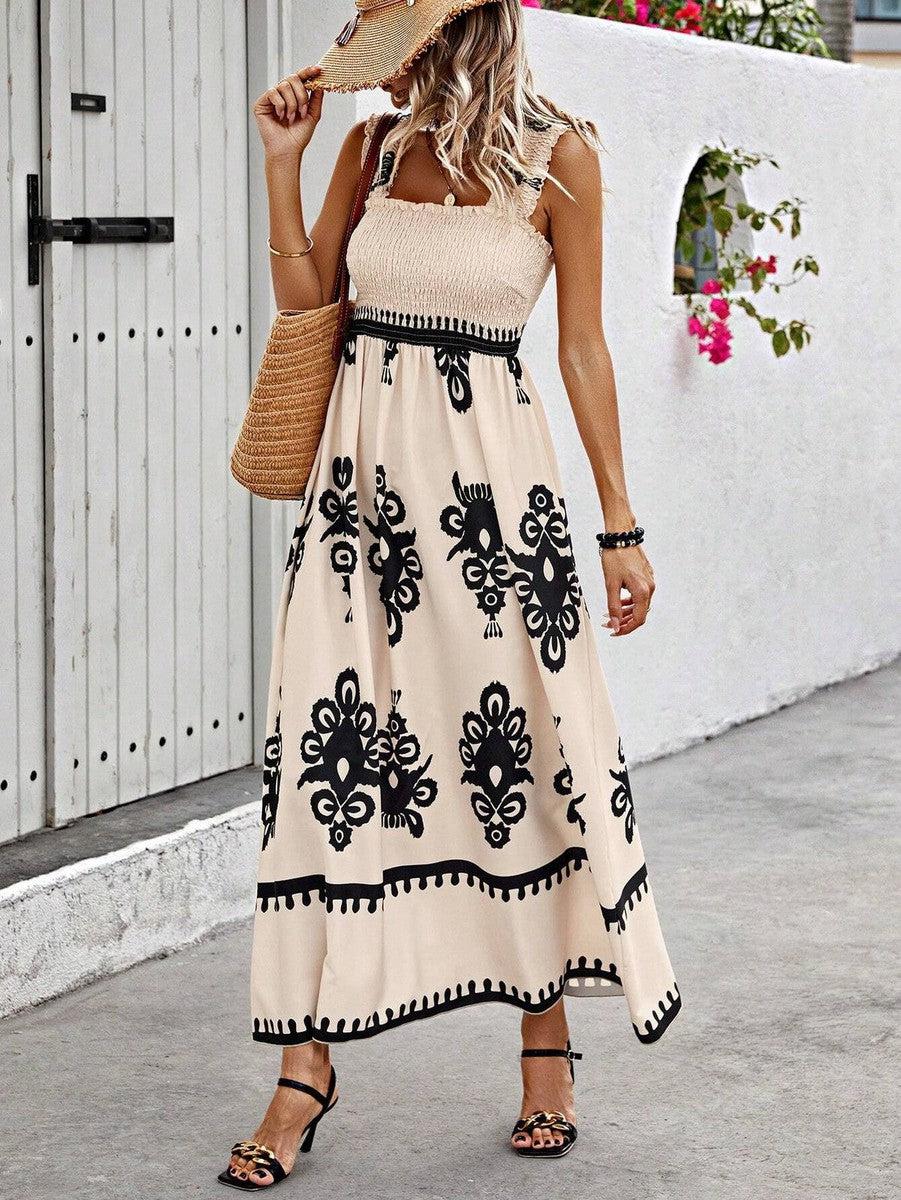 Women's Floral Summer Dress with Smocked Top and Sleeveless Design