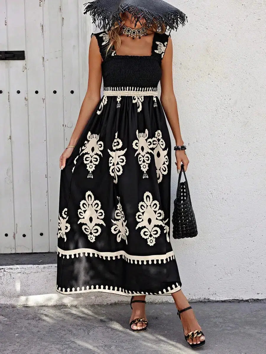 Women's Floral Summer Dress with Smocked Top and Sleeveless Design