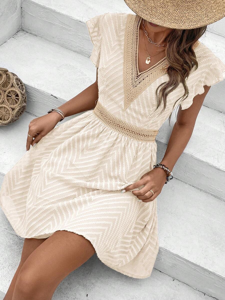 Women's Short Sleeve V-Neck Mini Dress with Crochet Trim Detail