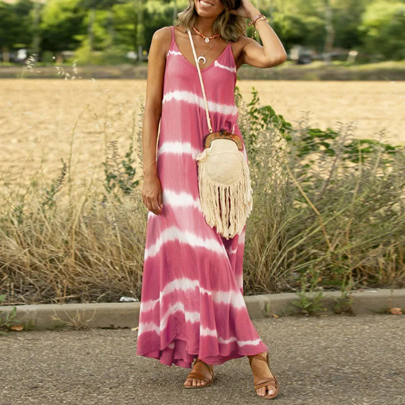 Women's Striped Spaghetti Strap Maxi Dress with Flowing Silhouette