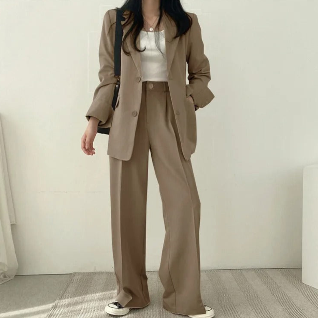 Women's 2-Piece Suit Set with Blazer and High-Waisted Trousers