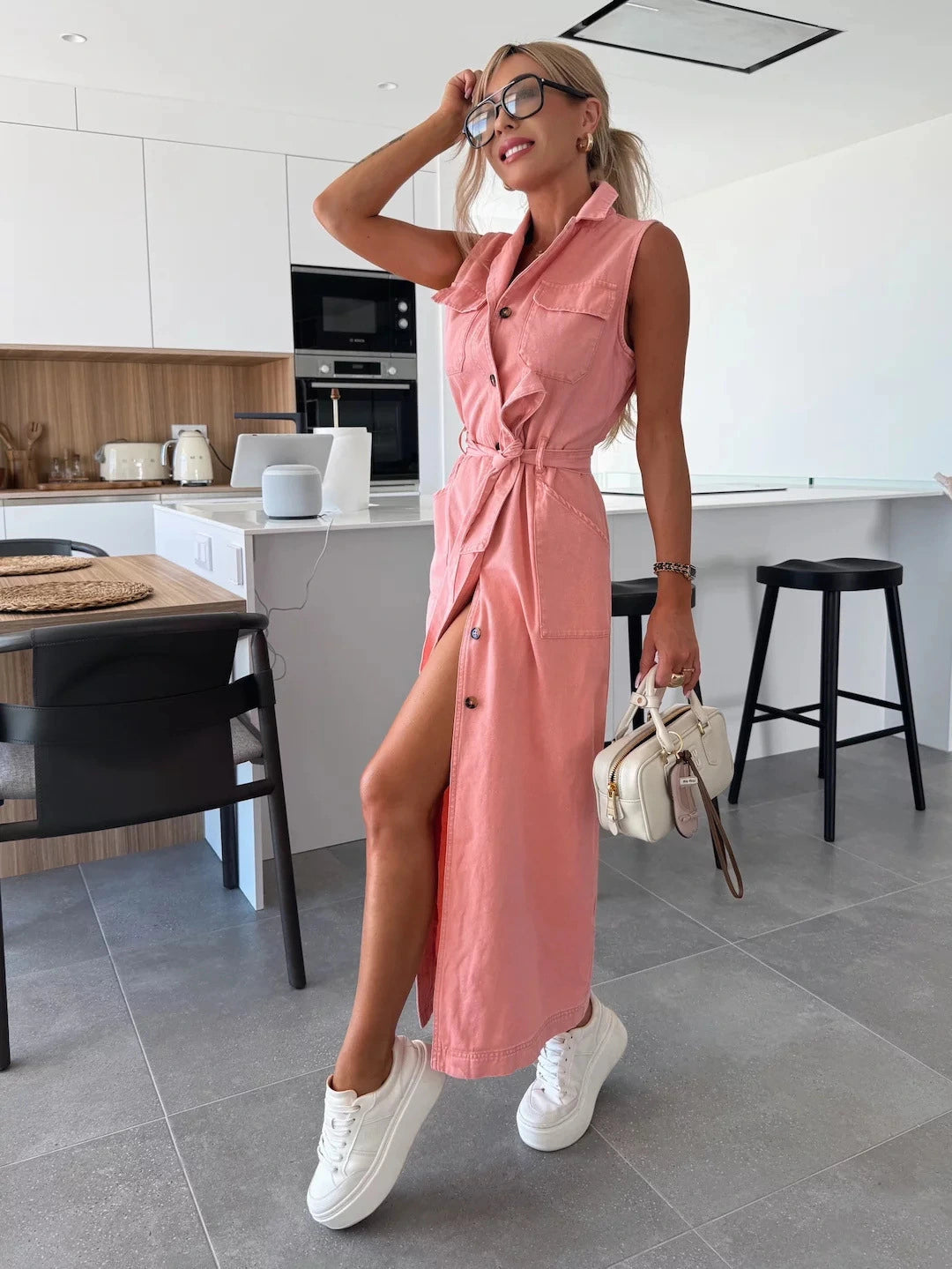 Women's Sleeveless Denim Maxi Dress with Button Front and Belted Waist