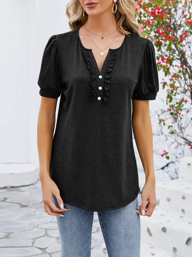 Women's Short-Sleeve Blouse with Button Front and Puff Sleeves