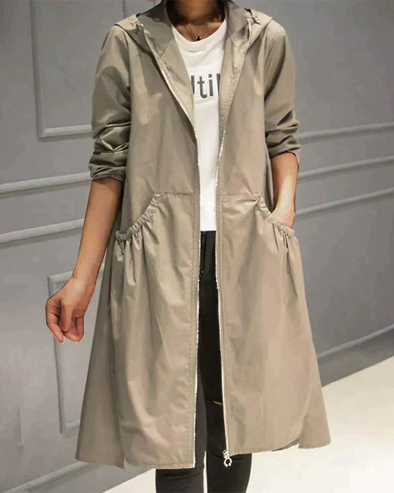 Women's Long Waterproof Weatherproof Hooded Raincoat with Zip