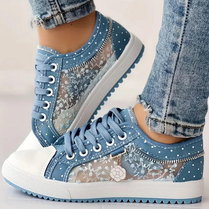 Women's Casual Sneakers with Lace Mesh and Polka Dot Design