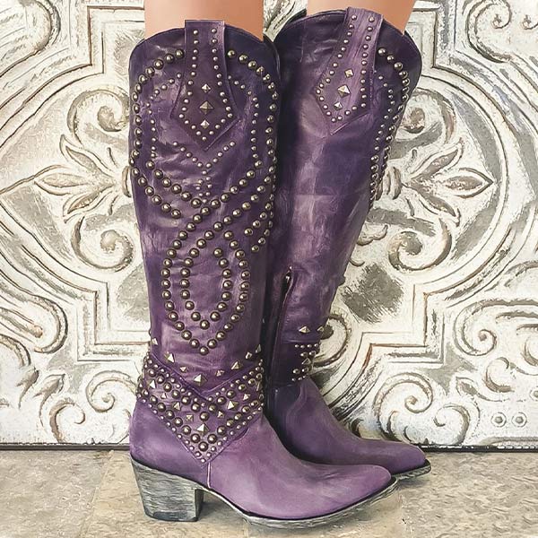 Women's Knee High Cowboy Boots with Rivet Detail Thick Heel and Side Zip
