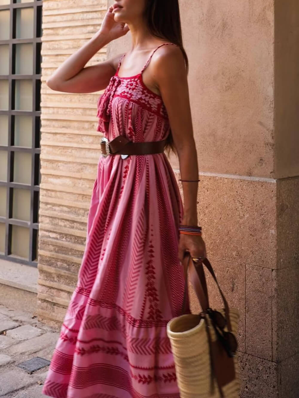 Women's Ethnic Print Maxi Dress with Tassel Tie and Spaghetti Straps