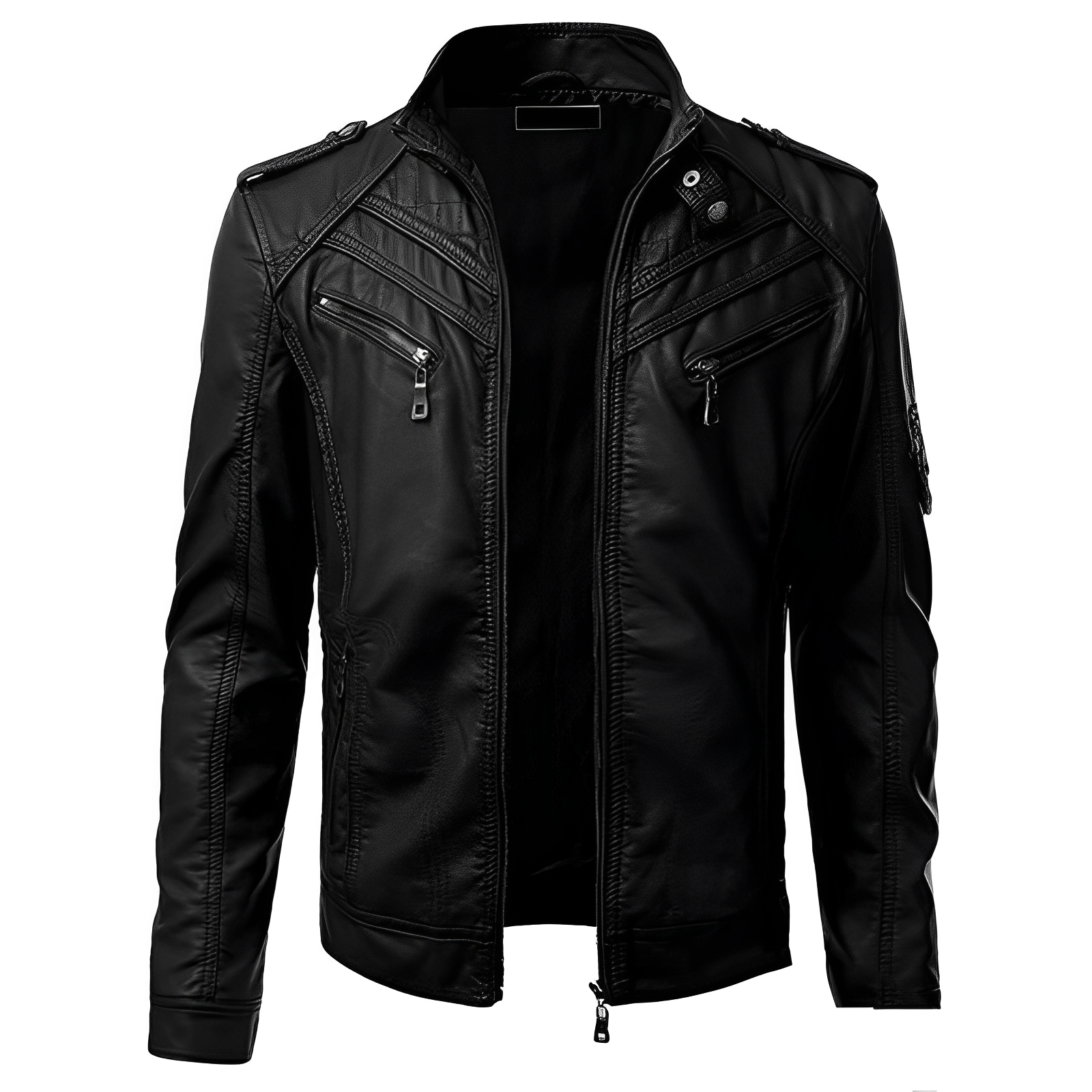 Men's Slim Fit Leather Jacket with Zip Pockets and Stand Collar