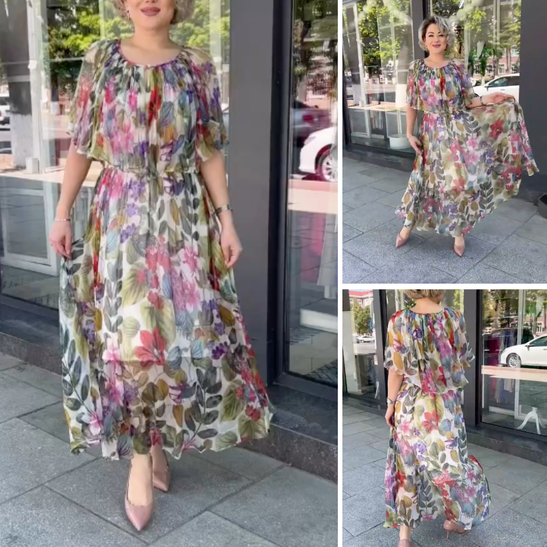 Women's Floral Maxi Dress with Gathered Neckline