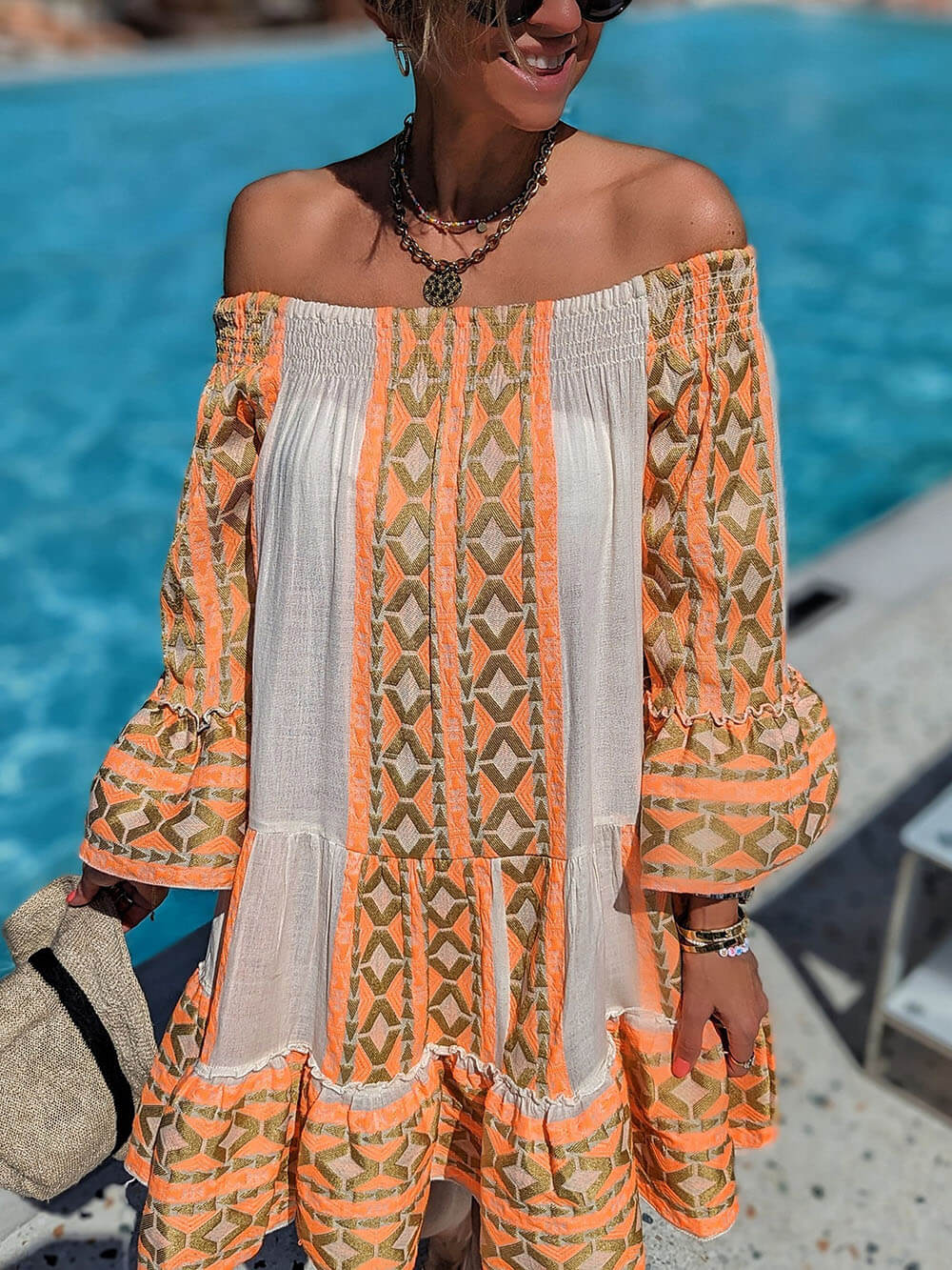 Women’s Ethnic Print Off-Shoulder Loose Mini Dress