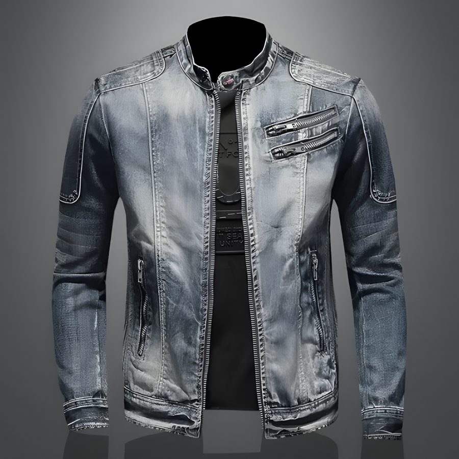 Men's Faded Zip-Up Denim Jacket with Moto-Style Stitch Details