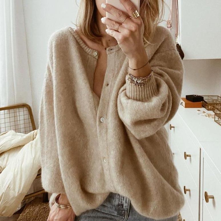 Women's Oversized Button-Up Knit Cardigan with Drop Shoulders