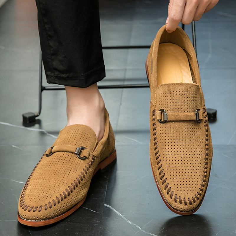 Men's Loafers with Pin Buckle Accent and Perforated Detailing