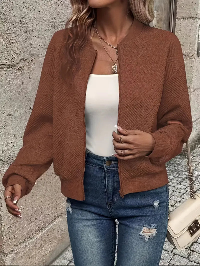 Women’s Zip-Up Textured Cardigan with Ribbed Hem and Long Sleeves