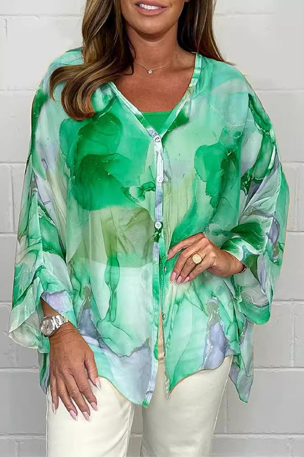 Women's Loose Button-Up Blouse with Watercolor Print