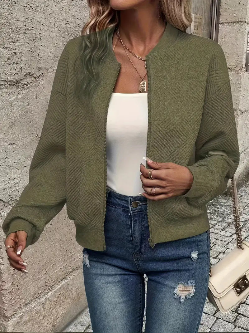 Women’s Zip-Up Textured Cardigan with Ribbed Hem and Long Sleeves